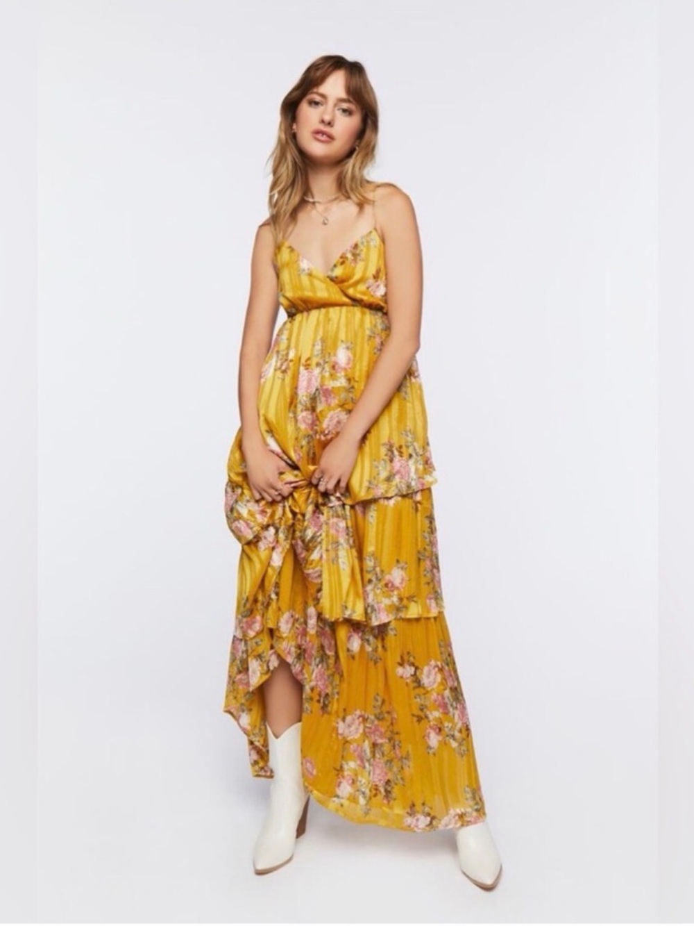 NWT F21 Yellow Floral Tiered Maxi Dress
